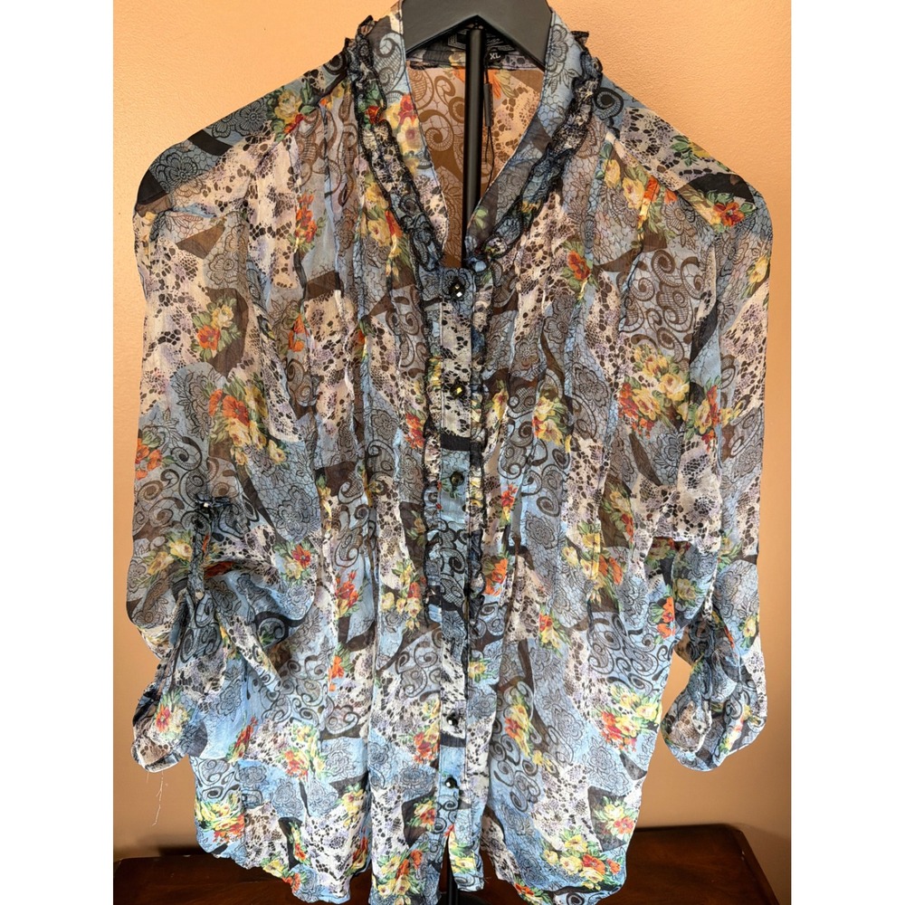 Zashi Women XL Blue Floral Lace Print Sheer Ruffle Button Up Blouse 3/4 Sleeve